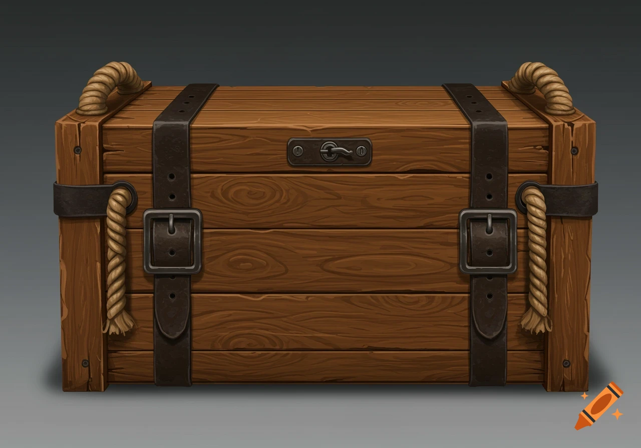 Stylized wooden chest with distressed rope handles and dark leather straps with metal buckles.