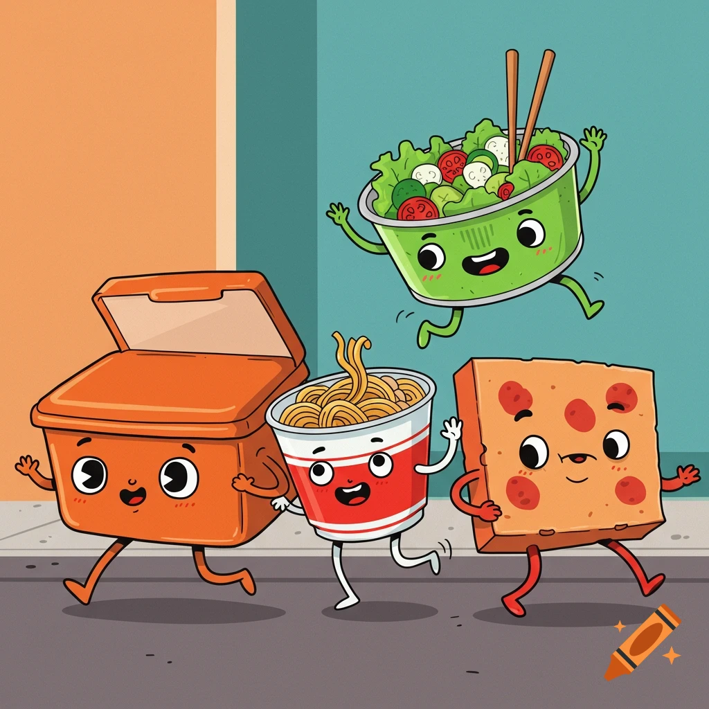 Four cheerful cartoon to-go food items with arms, legs, and faces are running on a sidewalk. They include a lunchbox, a cup of noodles, a salad bowl, and a square pizza slice.