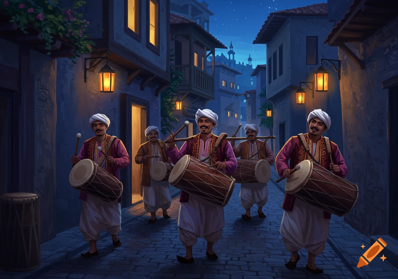 Illustrated image of men in traditional clothing walking down a narrow, lantern-lit street at night, playing large drums.