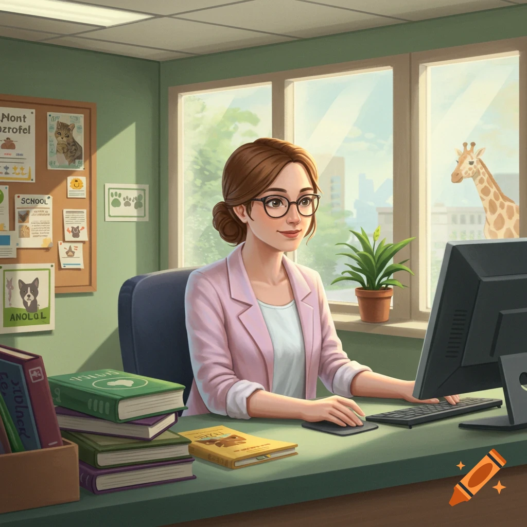 A smiling woman with glasses and a pink blazer sits at an office desk, looking at a computer, with a giraffe visible through a window and a bulletin board with animal pictures.