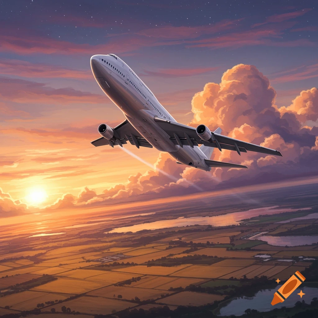 A large airplane ascends into a vibrant sunset sky filled with golden clouds and sunrays, soaring over a patchwork landscape.