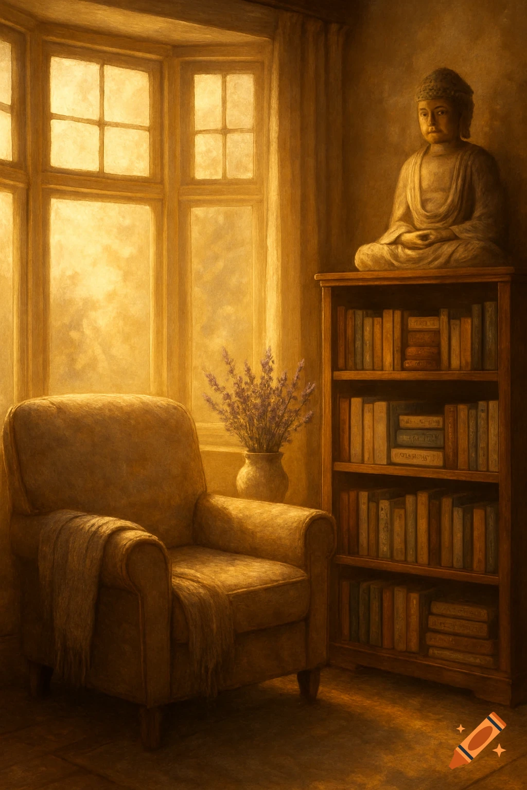 A warmly lit room with an armchair, a vase of lavender, a bookshelf, and a Buddha statue on top of the shelf. Painterly style.