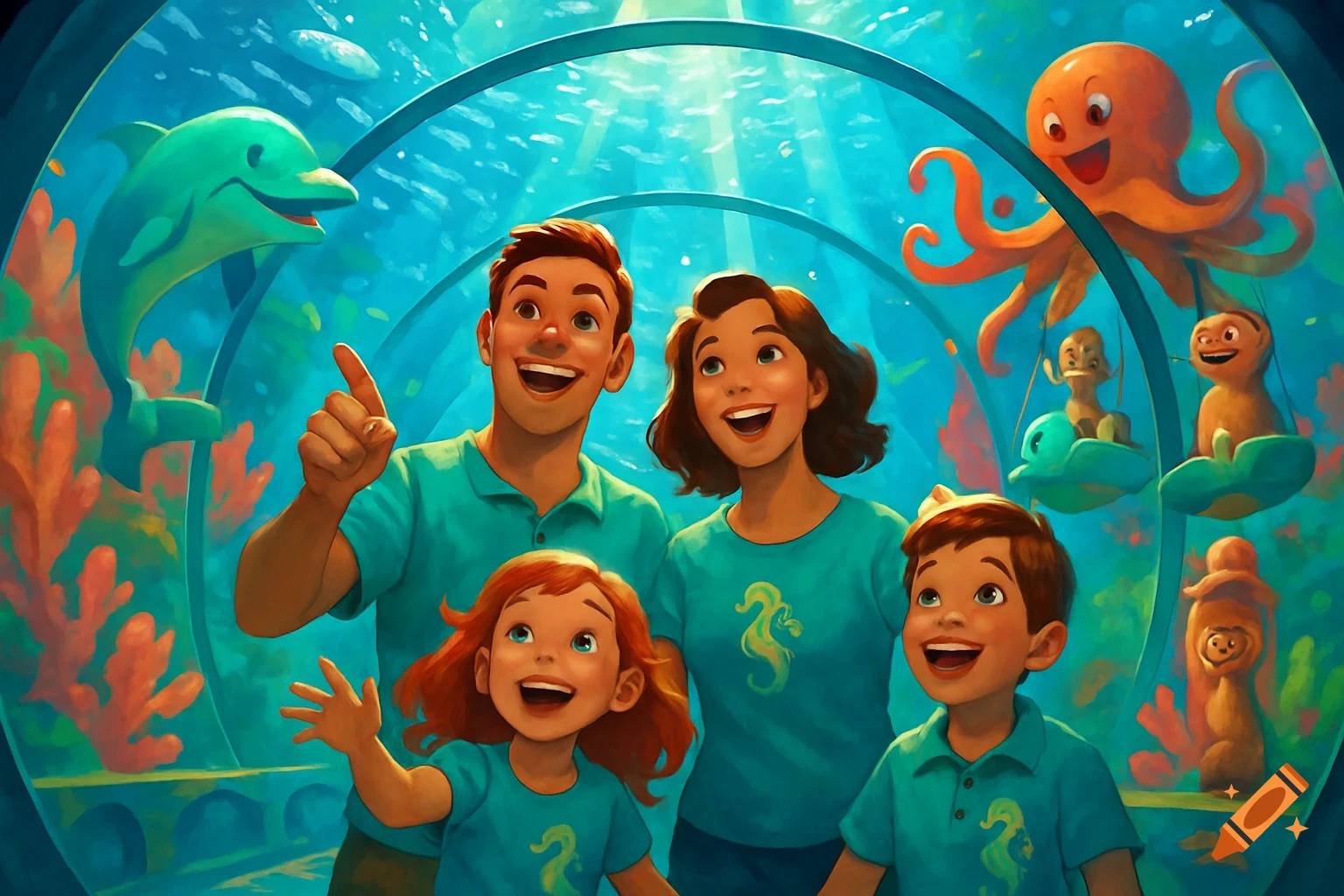 A cartoon family views a dolphin, an octopus, and other sea creatures in an underwater aquarium tunnel.