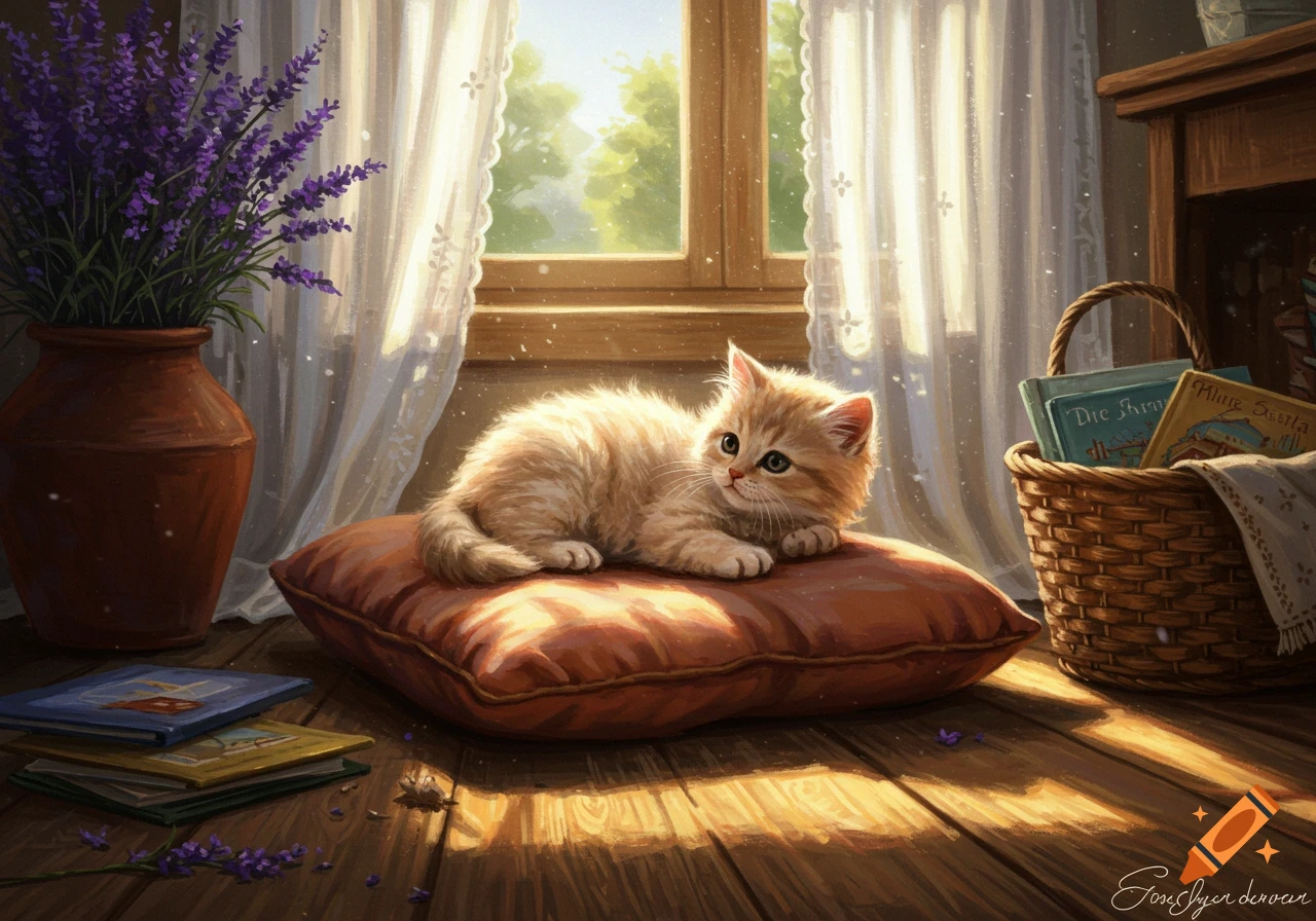 A fluffy orange kitten lies on a rust-colored pillow bathed in sunlight, by a window with sheer curtains and a vase of lavender.