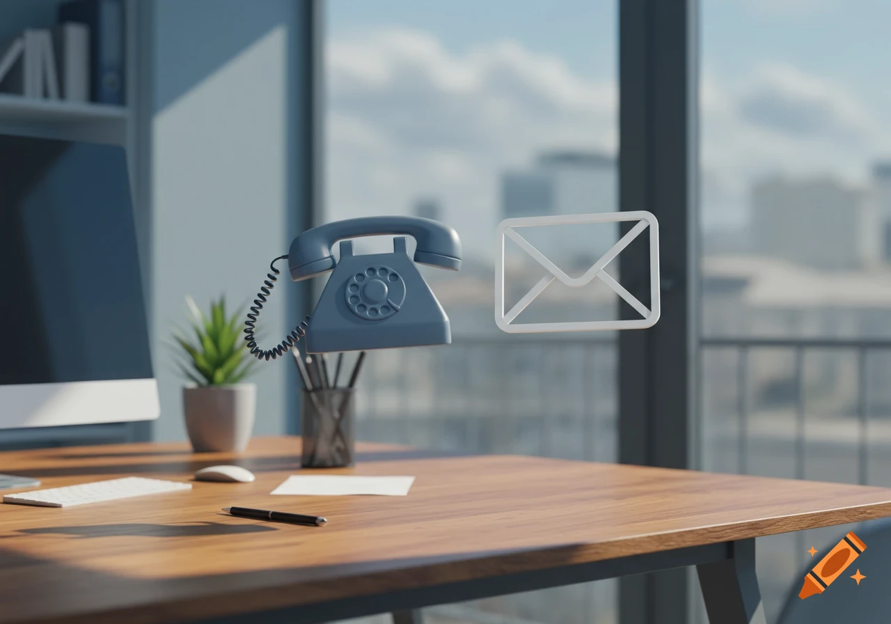A 3D rendering of an office desk with a blue rotary phone and a white email icon floating above it, overlooking a city skyline.