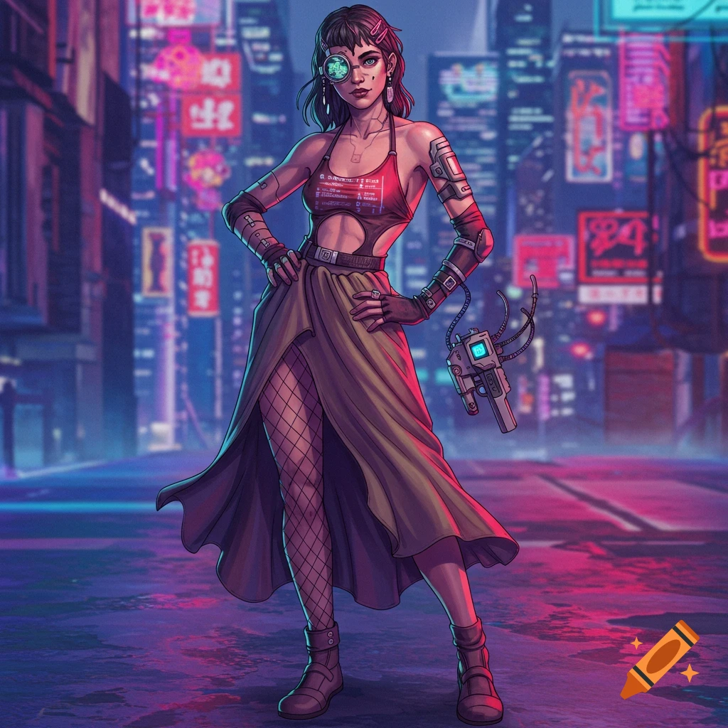 Cyberpunk woman with a cybernetic eye, wearing a cut-out top, long skirt with fishnets, and fingerless gloves, stands in a neon-lit futuristic city.