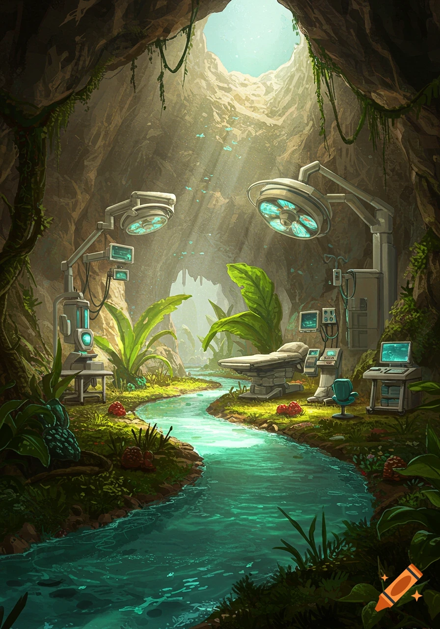A futuristic medical treatment room inside a lush, sunlit cave with a glowing turquoise river and exotic plants.