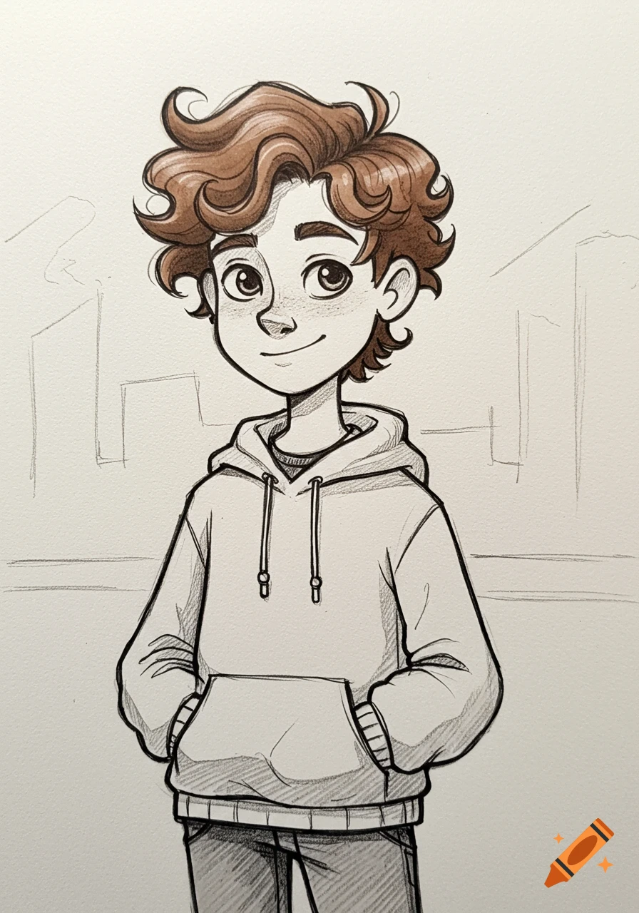 Pencil sketch of a smiling cartoon teenage boy with wavy brown hair, wearing a hoodie and hands in pockets.