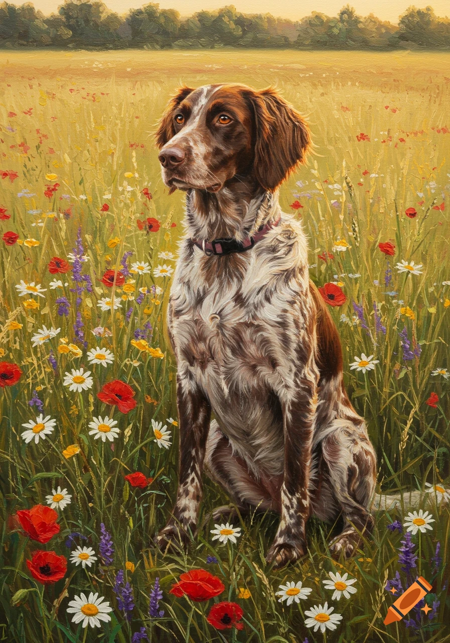 A brown and white dog sits attentively in a vibrant field of colorful wildflowers, rendered in a painterly style.