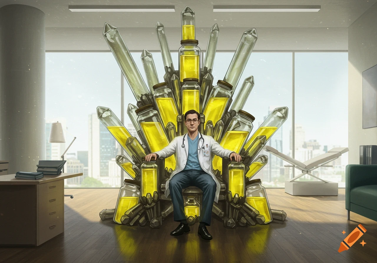 A doctor sits on a throne made of glass jars filled with yellow fluid in a doctor's office with a city view.