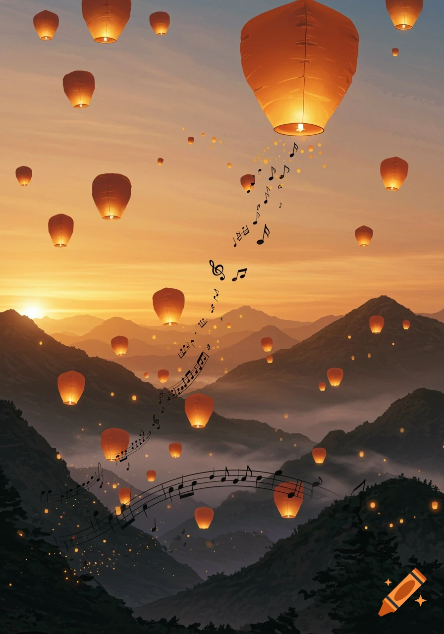 Numerous glowing orange paper lanterns and black musical notes float in a warm sunset sky above hazy mountains.