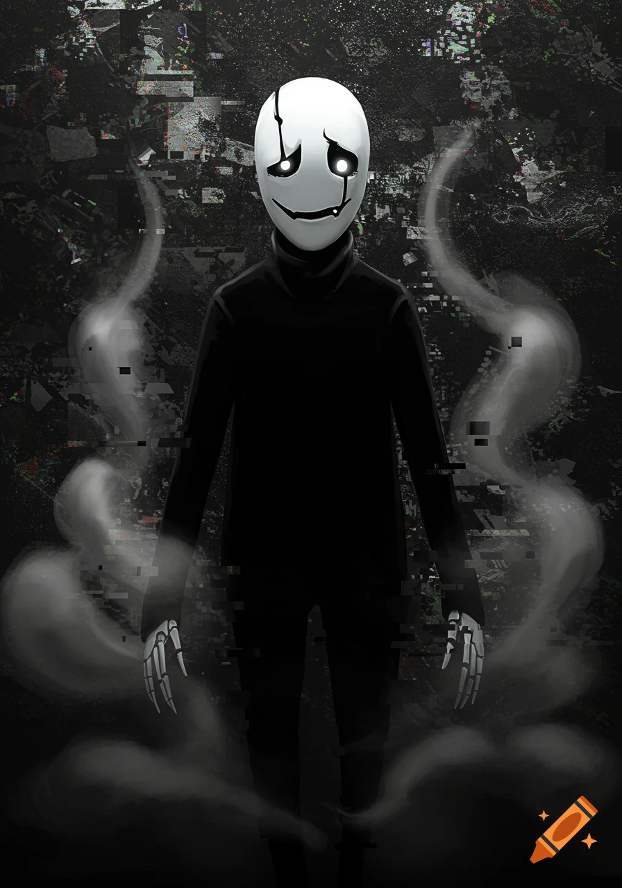A mysterious figure with a white mask, black turtleneck, and skeletal hands, surrounded by swirling smoke and digital glitches on a dark background.