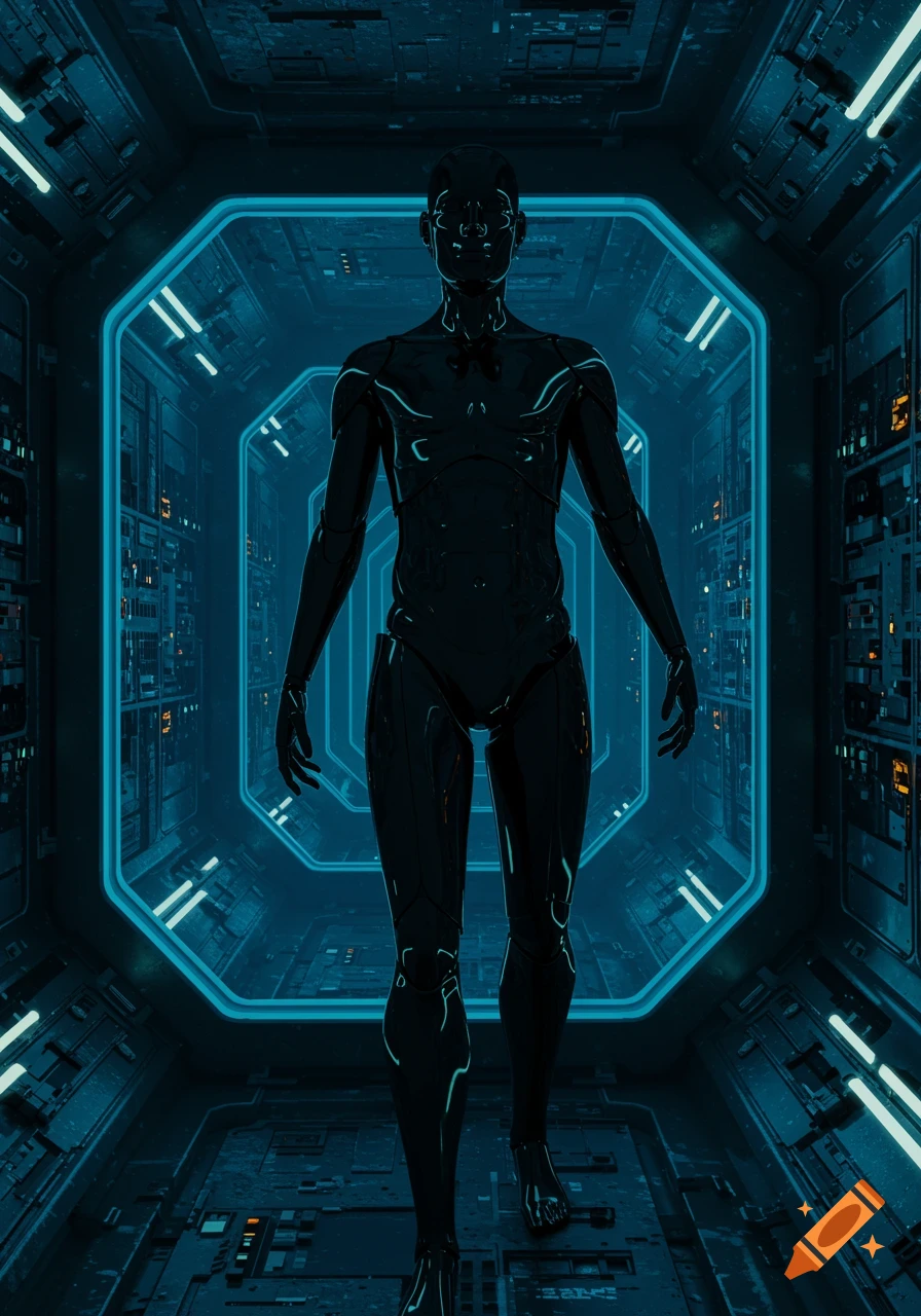 A sleek, dark humanoid robot stands in a futuristic, neon-blue lit spaceship corridor.