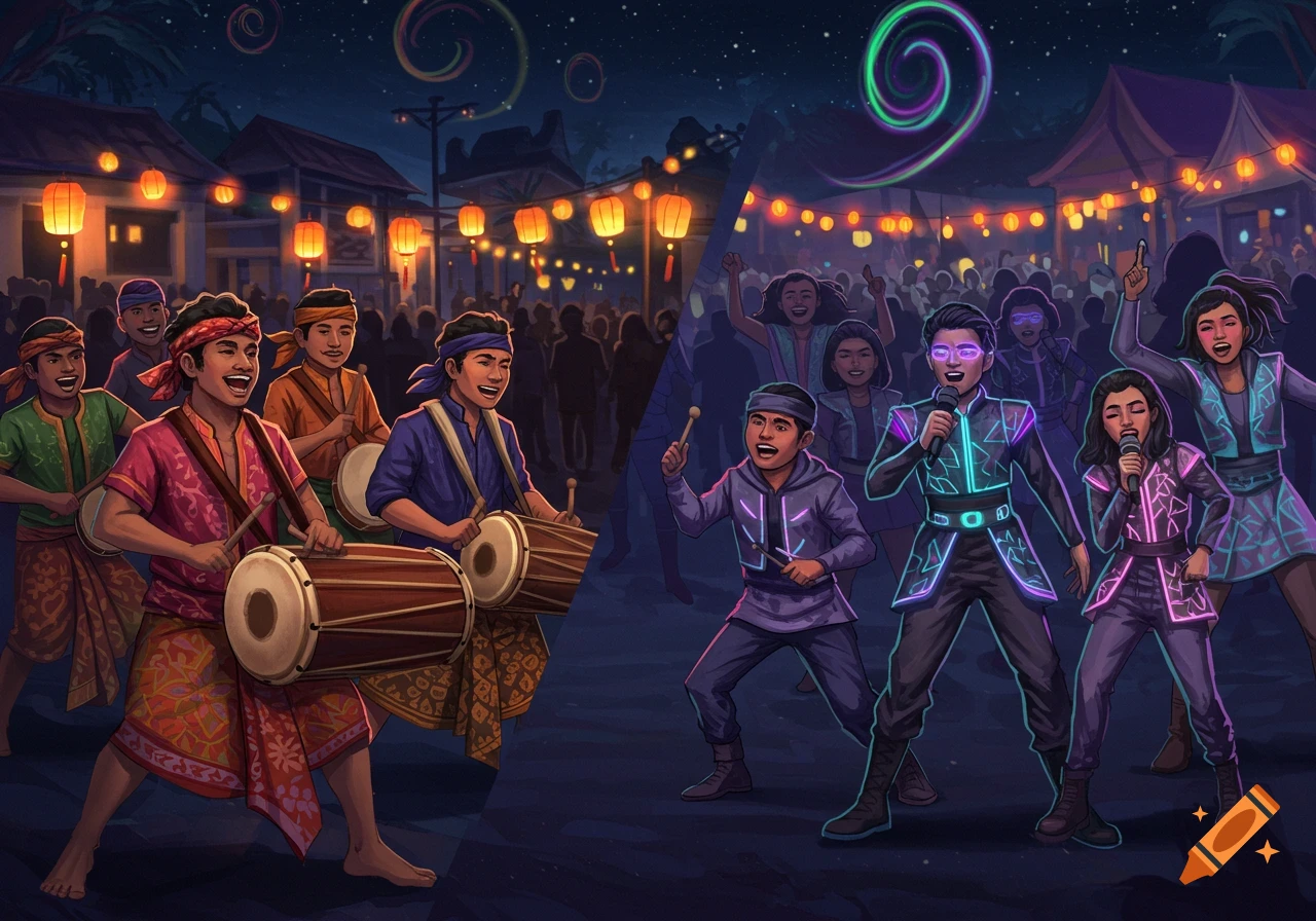 Split illustration showing traditional drummers at a lantern festival on the left and a modern pop group performing with neon lights on the right, at night.