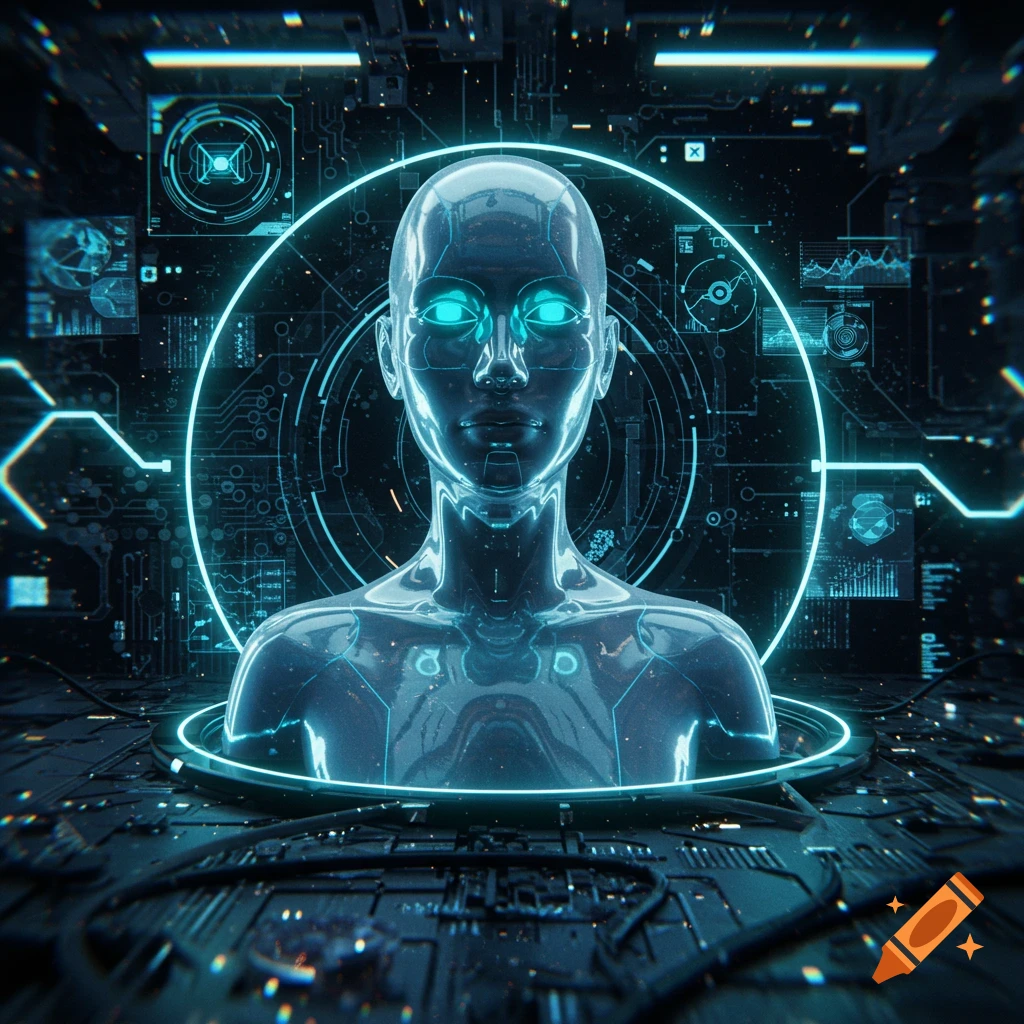 Translucent human-like AI with glowing blue eyes and circuitry emerges from a platform in a dark, futuristic tech environment.