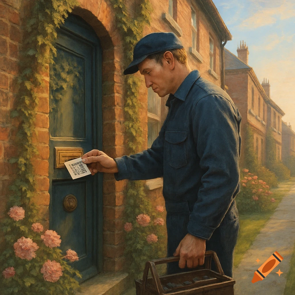 A painterly image of a tradesman in a blue uniform putting a card into the letterbox of a brick house surrounded by flowers.
