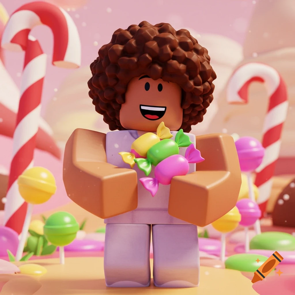 A smiling Roblox character with curly hair holds colorful candies in a vibrant candy land with giant lollipops and candy canes.