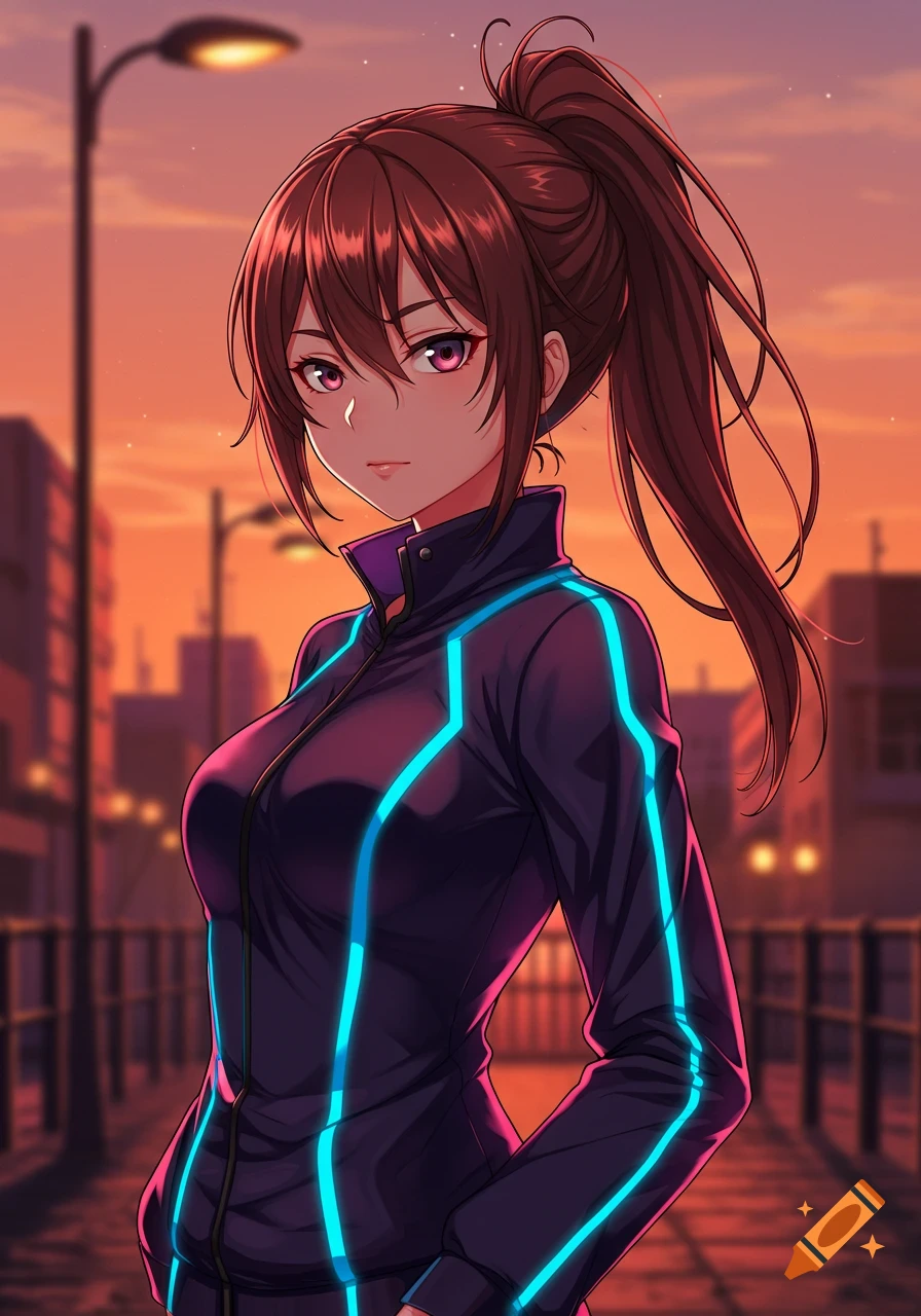 Anime girl with a brown ponytail in a black sports jacket with glowing blue lines, standing in an urban area at sunset.