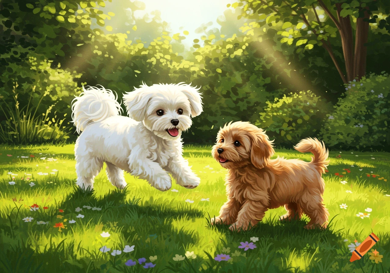 Two happy puppies, a white Maltese and a brown Cavapoo, play in a bright green field with wildflowers under dappled sunlight.