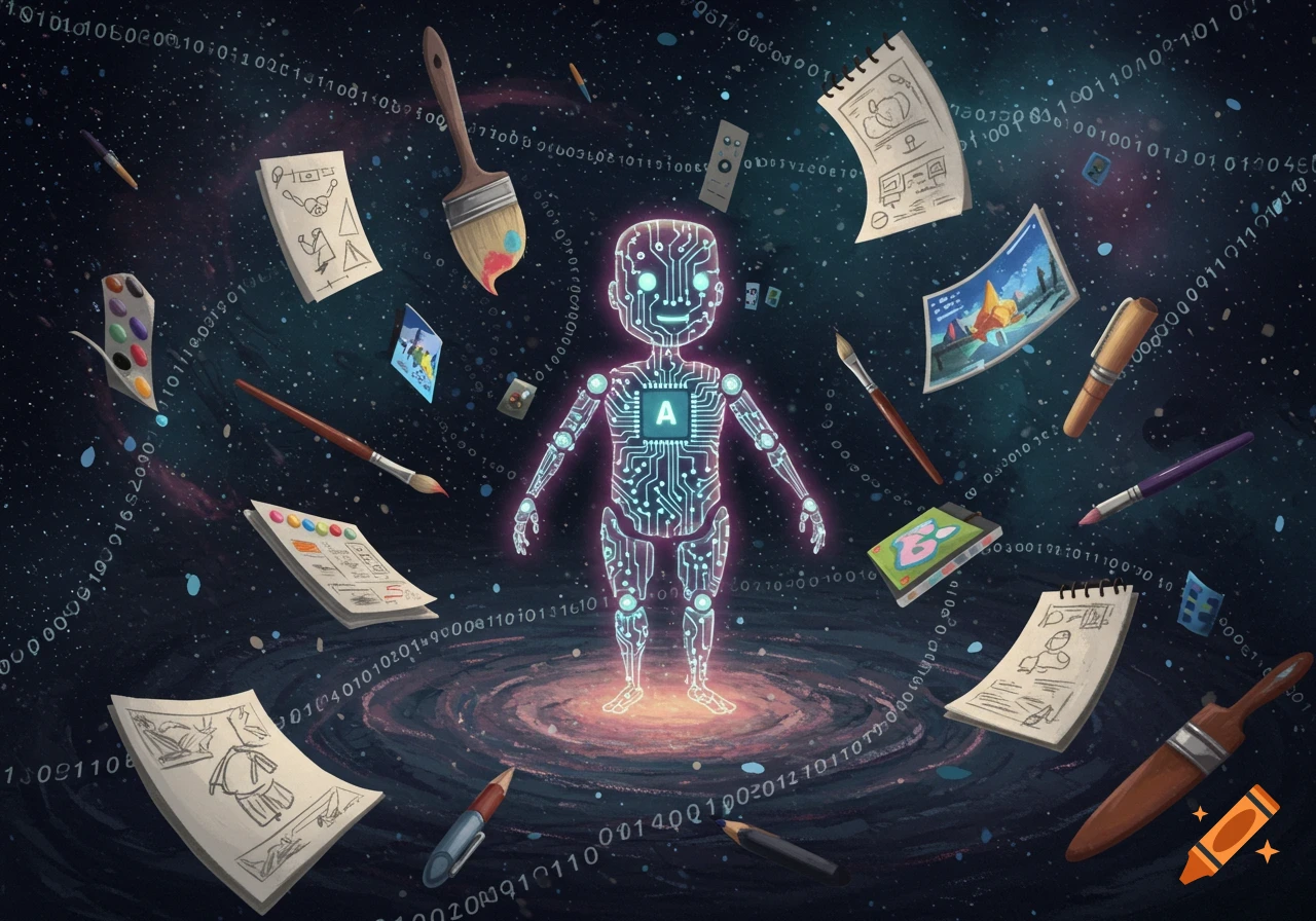A glowing, circuit-patterned robot with an 'A' on its chest floats in a starry cosmos, surrounded by binary code, art supplies, and sketches.