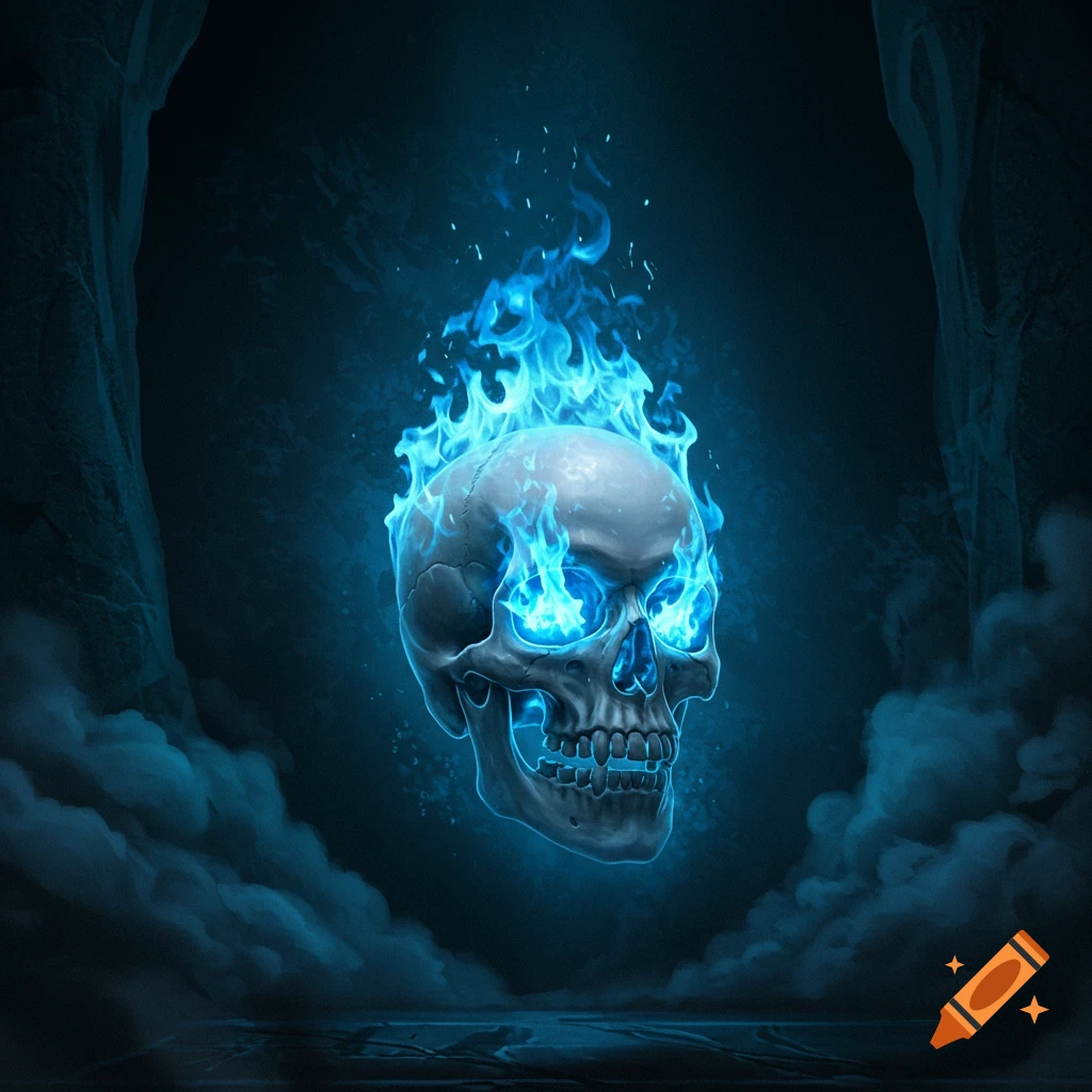 A white skull with vivid blue flames emanating from its top and eyes, set against a dark, shadowy cavern.