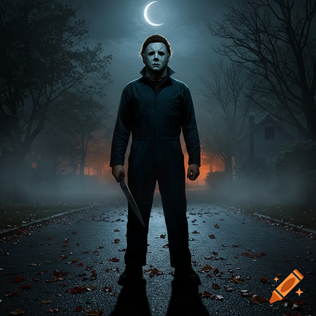 Michael Myers stands on a dark, foggy street at night, holding a knife, with a crescent moon overhead.