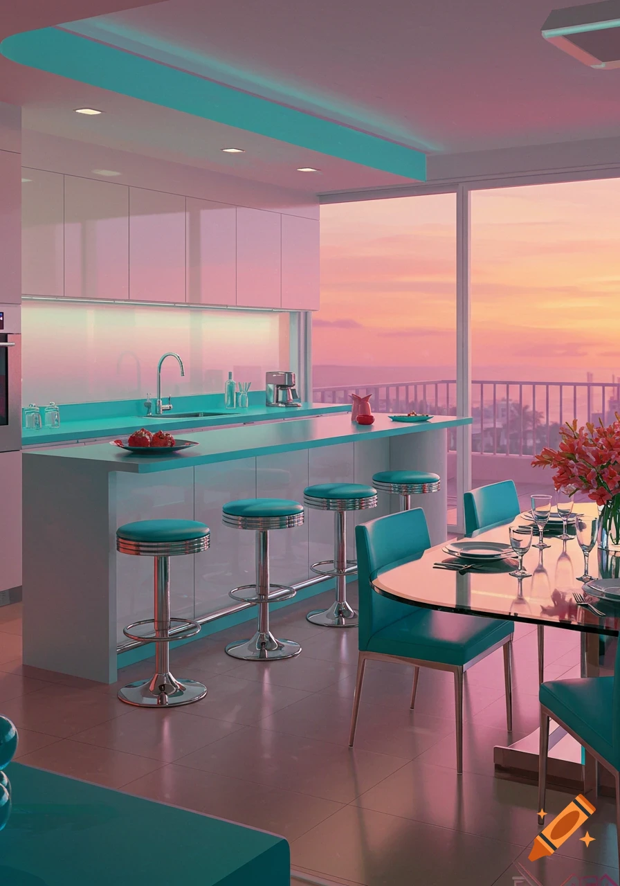Vibrant 80s-inspired penthouse kitchen with teal bar stools, white cabinets, and a dining table, bathed in pink and orange sunset light from large windows.
