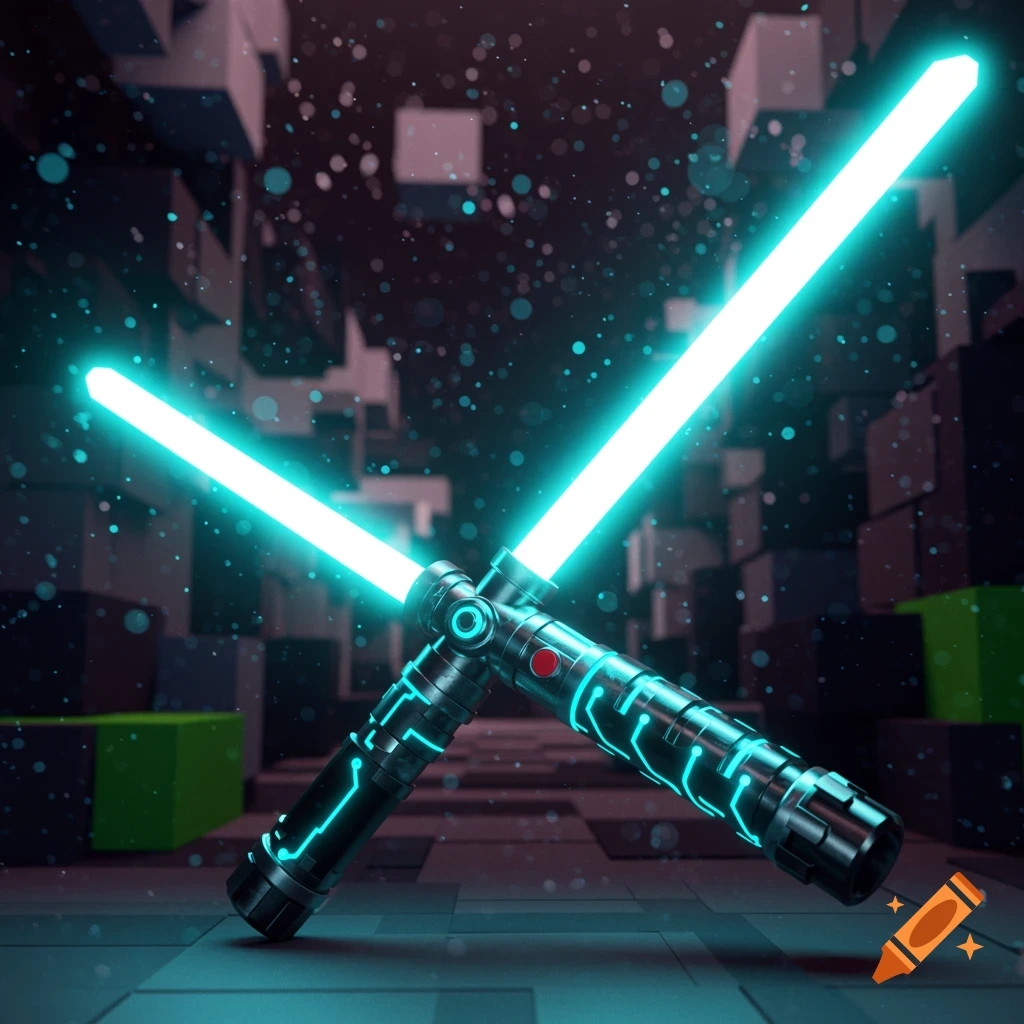 Two glowing blue light sabers crossed against a dark, futuristic background with abstract blocks and sparkling particles.