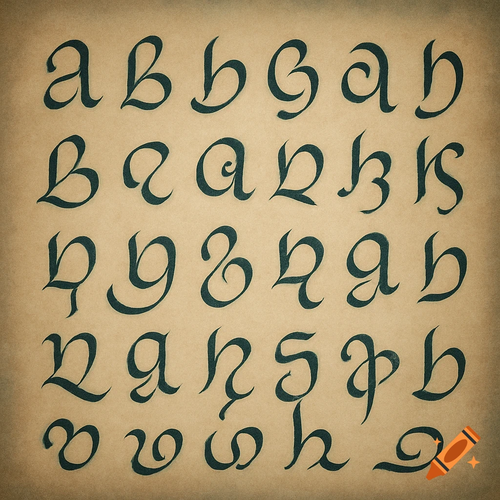 A grid of dark, fluid, stylized calligraphic symbols resembling a fantasy alphabet on a textured, vintage paper background.