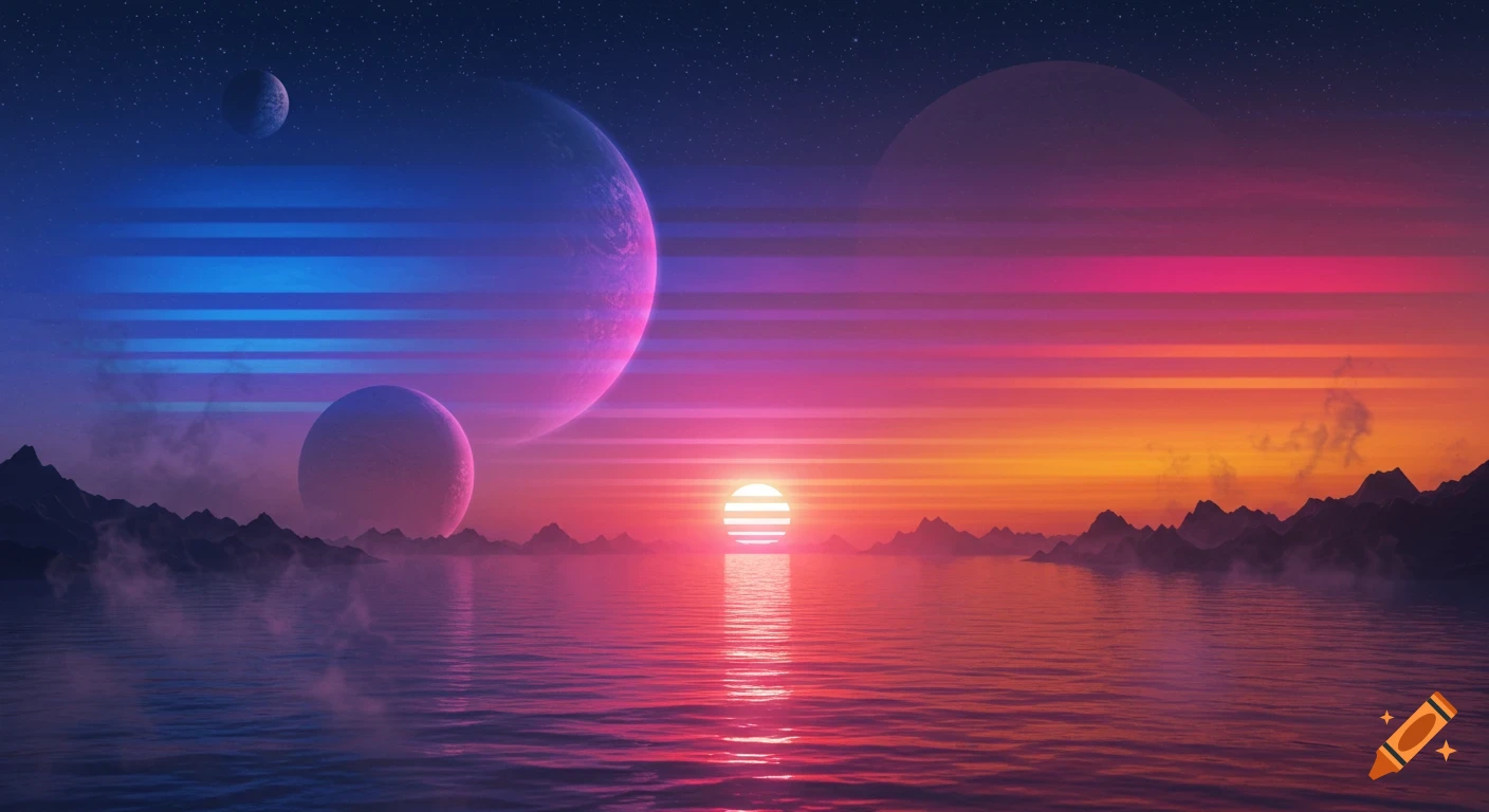 A vibrant synthwave alien landscape with multiple planets, a setting sun over a reflective lake, and distant mountains under a starry sky.
