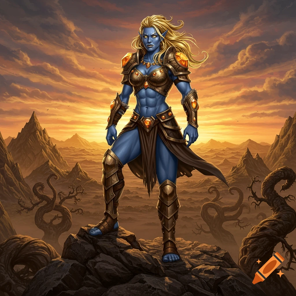 A blue-skinned fantasy woman with long blonde hair and armor stands on a rocky outcrop against an orange sunset sky.