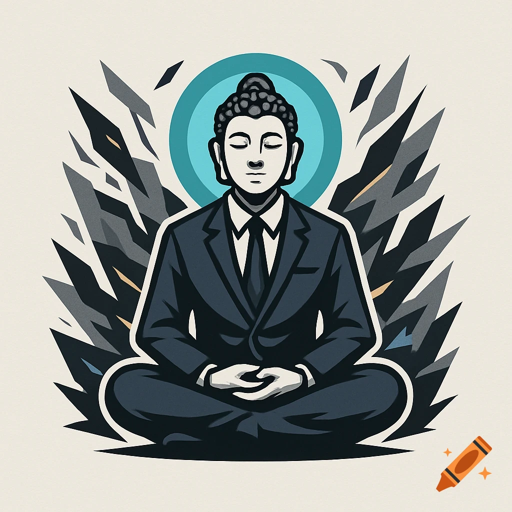 Stylized logo of a meditating Buddha in a suit against a backdrop of abstract, sharp shapes.