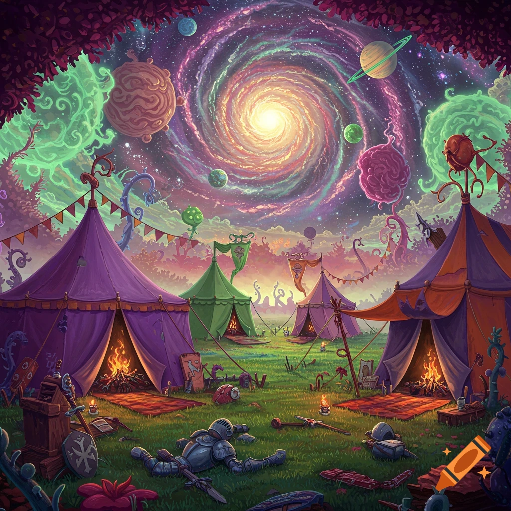 Colorful medieval-style tents in an alien landscape under a swirling galaxy, rendered in a whimsical, cartoonish art style.