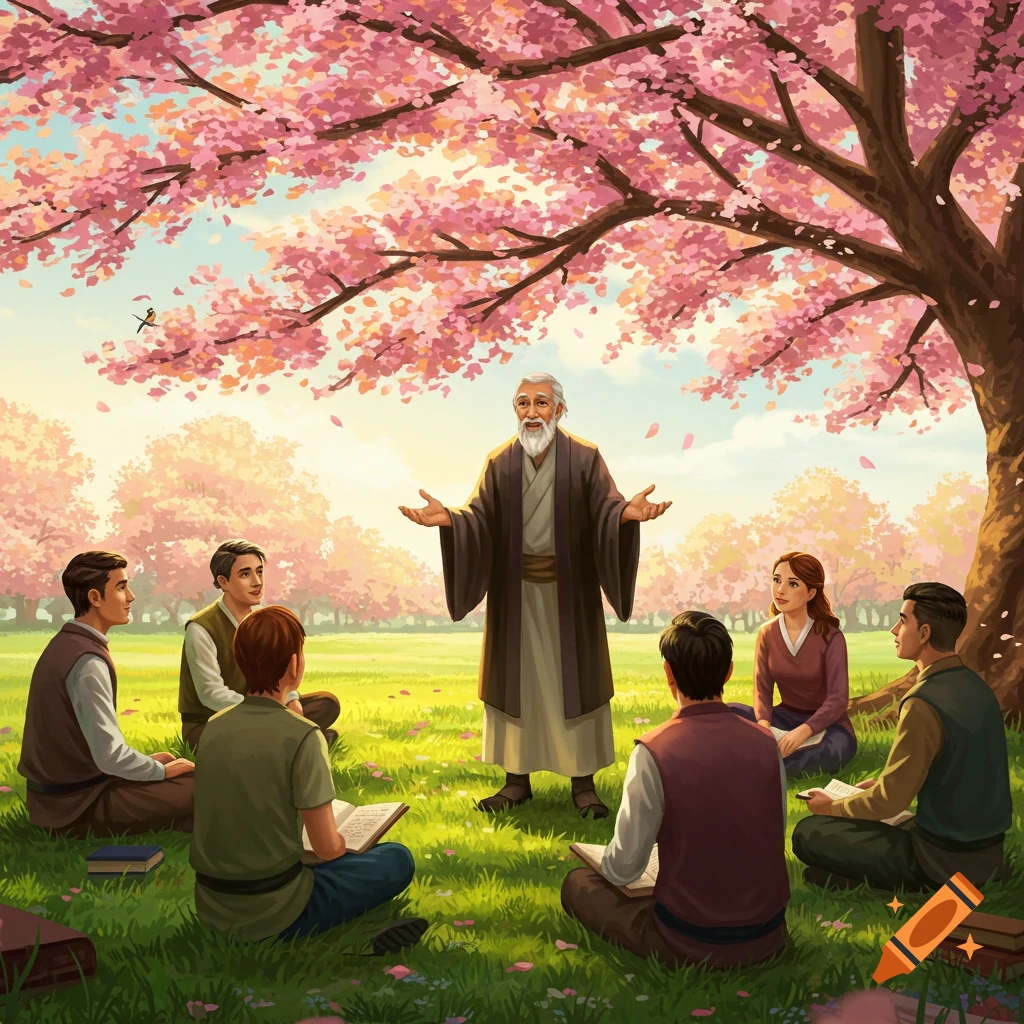 An older man teaches a group of students under a blooming cherry blossom tree in a sunny, illustrative style.