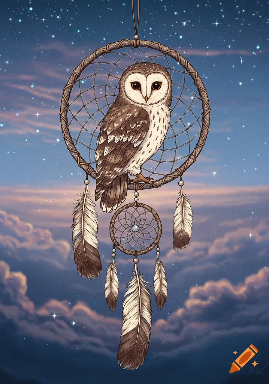 An illustrated owl perches on a dream catcher with feathers, set against a twilight sky with clouds and stars.