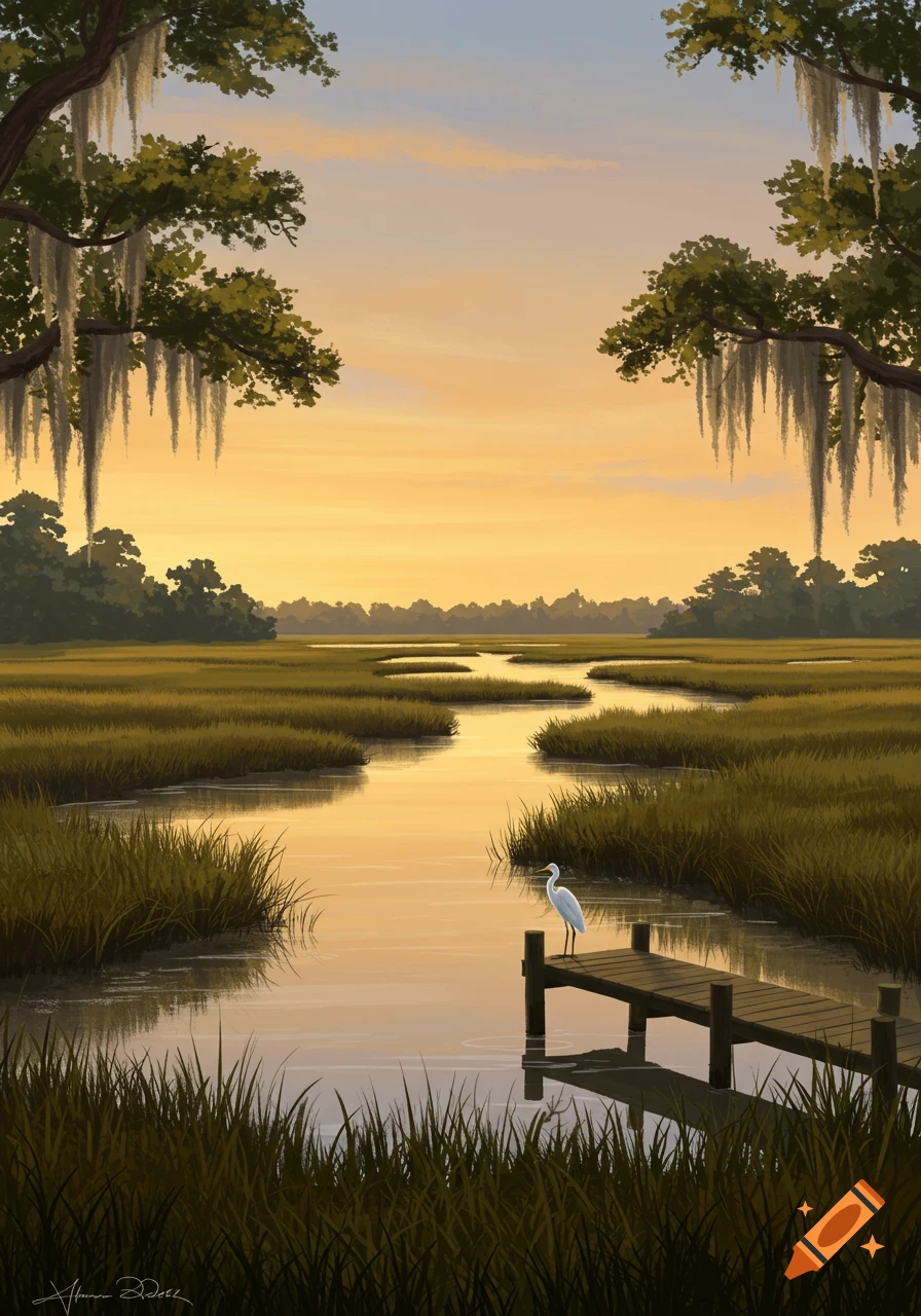 Illustration of a serene marsh at sunset with an egret on a wooden pier.