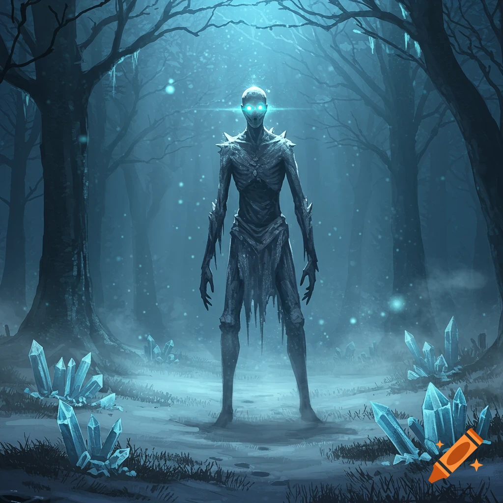 A gaunt, skeletal creature with glowing blue eyes stands in a dark, misty, icy forest among glowing crystals.