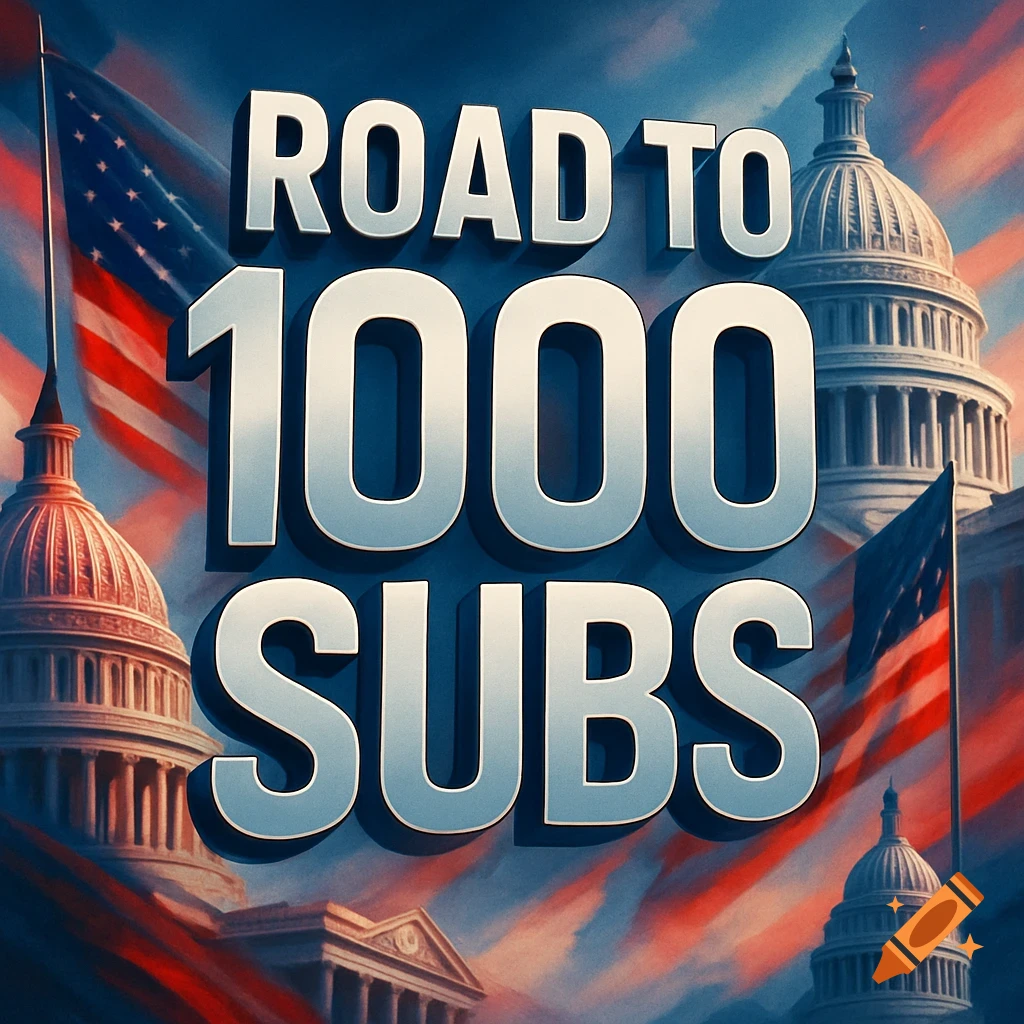 Large metallic text 'ROAD TO 1000 SUBS' over a patriotic background with American flags and multiple capitol-like dome buildings under a dramatic sky.