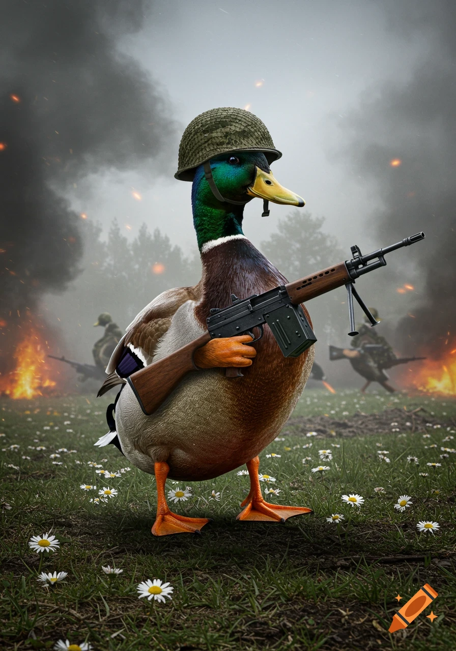 Photorealistic image of a mallard duck in an army helmet, standing in a field of daisies, holding a machine gun on a smoky battlefield.
