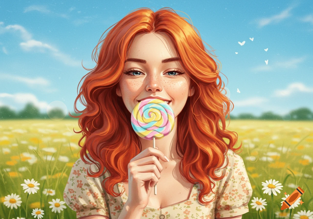 A vibrant illustration of a smiling redhead woman with freckles holding a colorful swirl lollipop in a sunny field of flowers.