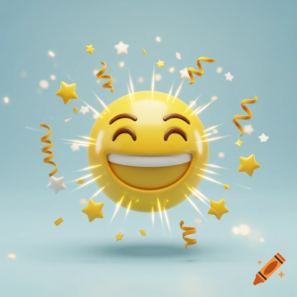 A radiant 3D laughing emoji with closed eyes and a wide smile, surrounded by sparkling stars and golden confetti on a light blue background.