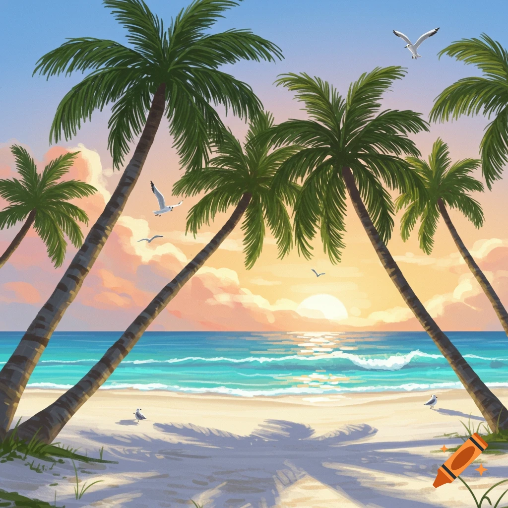 Vibrant illustration of a tropical beach at sunset with several tall palm trees silhouetted against the colorful sky, calm waves, and seagulls flying overhead.