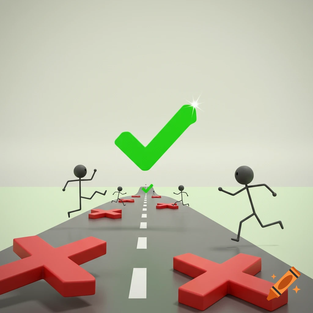 3D render of stick figures running on a road, chasing large green checkmarks and avoiding red X's.