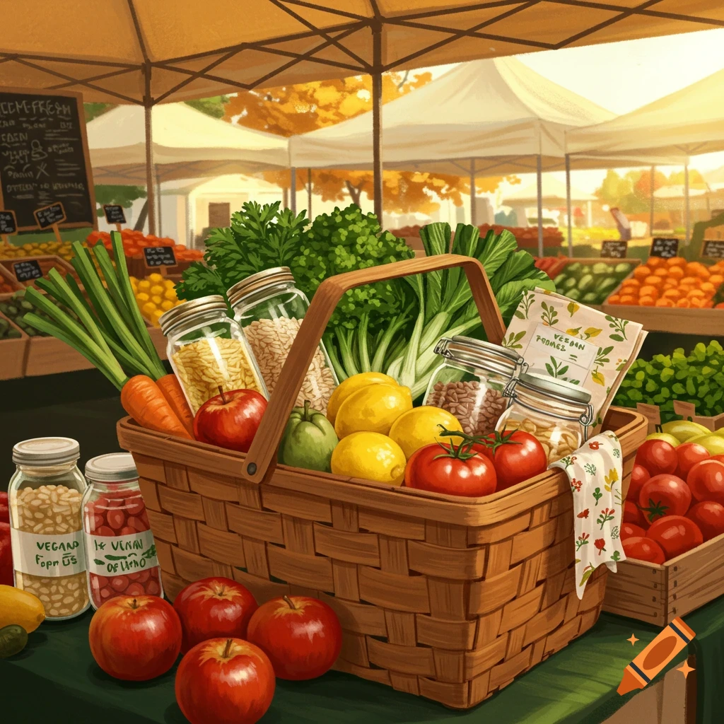 An illustrated scene of a bustling farmer's market with a large basket filled with fresh produce, reusable jars, and wax wraps in the foreground.