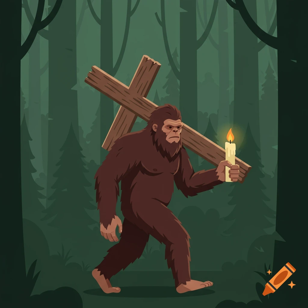 A brown Sasquatch walks through a dark forest, carrying a large wooden cross on its back and holding a lit candle in one hand, in a cartoon illustration style.