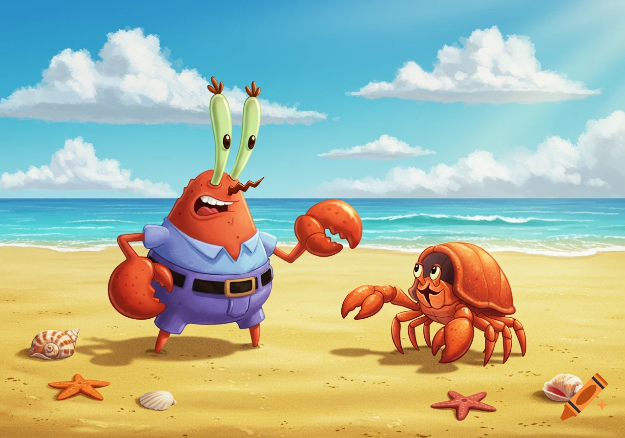 Mr. Krabs and a cartoon hermit crab meet on a sunny beach with the ocean behind them in an animated style.