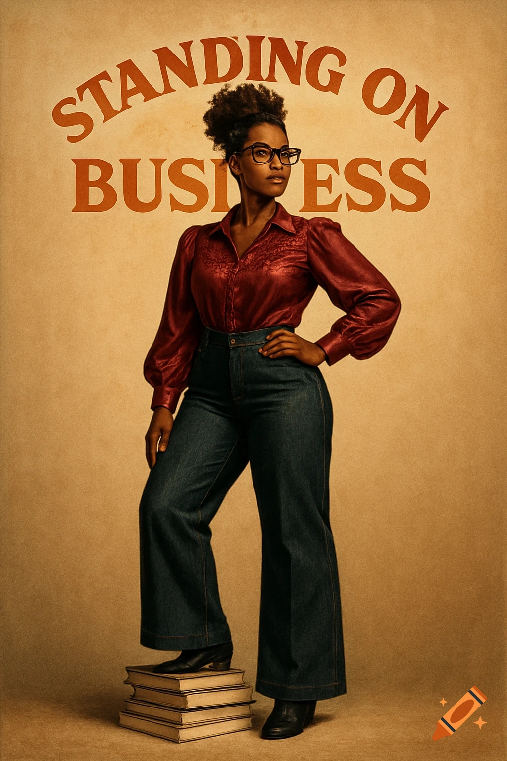 A confident African American woman in a red blouse and wide-leg jeans stands on books, with 'STANDING ON BUSINESS' above her, in a vintage poster style.