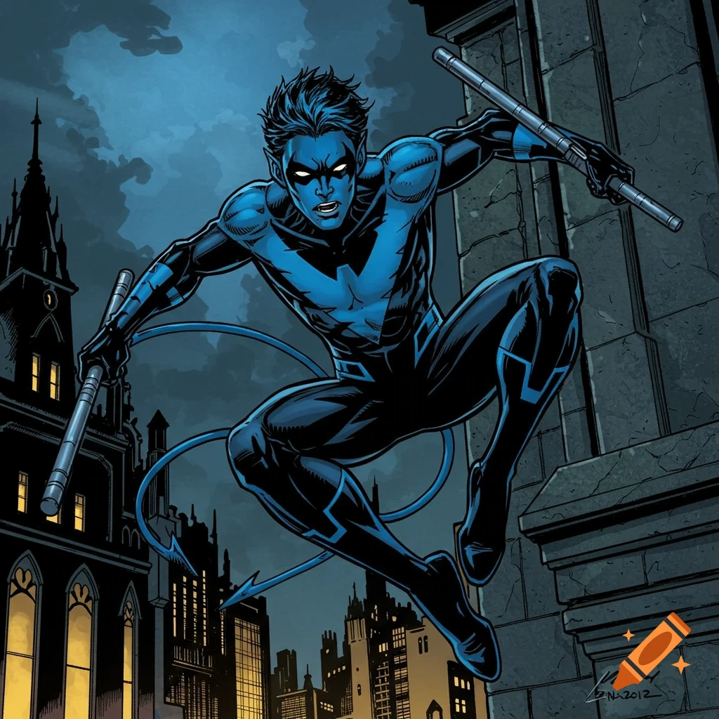 A comic book illustration of a blue-skinned superhero in a black and blue suit, with yellow eyes and a tail, jumping from a gothic building at night, holding two batons.