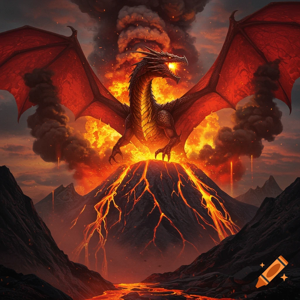 A powerful red dragon with large wings stands atop an erupting volcano, surrounded by flames, smoke, and flowing lava.