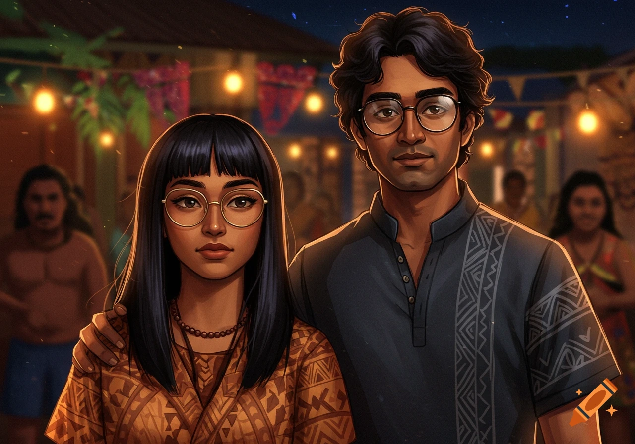 A man and a woman with glasses stand at an outdoor evening cultural event, depicted in a detailed digital illustration.